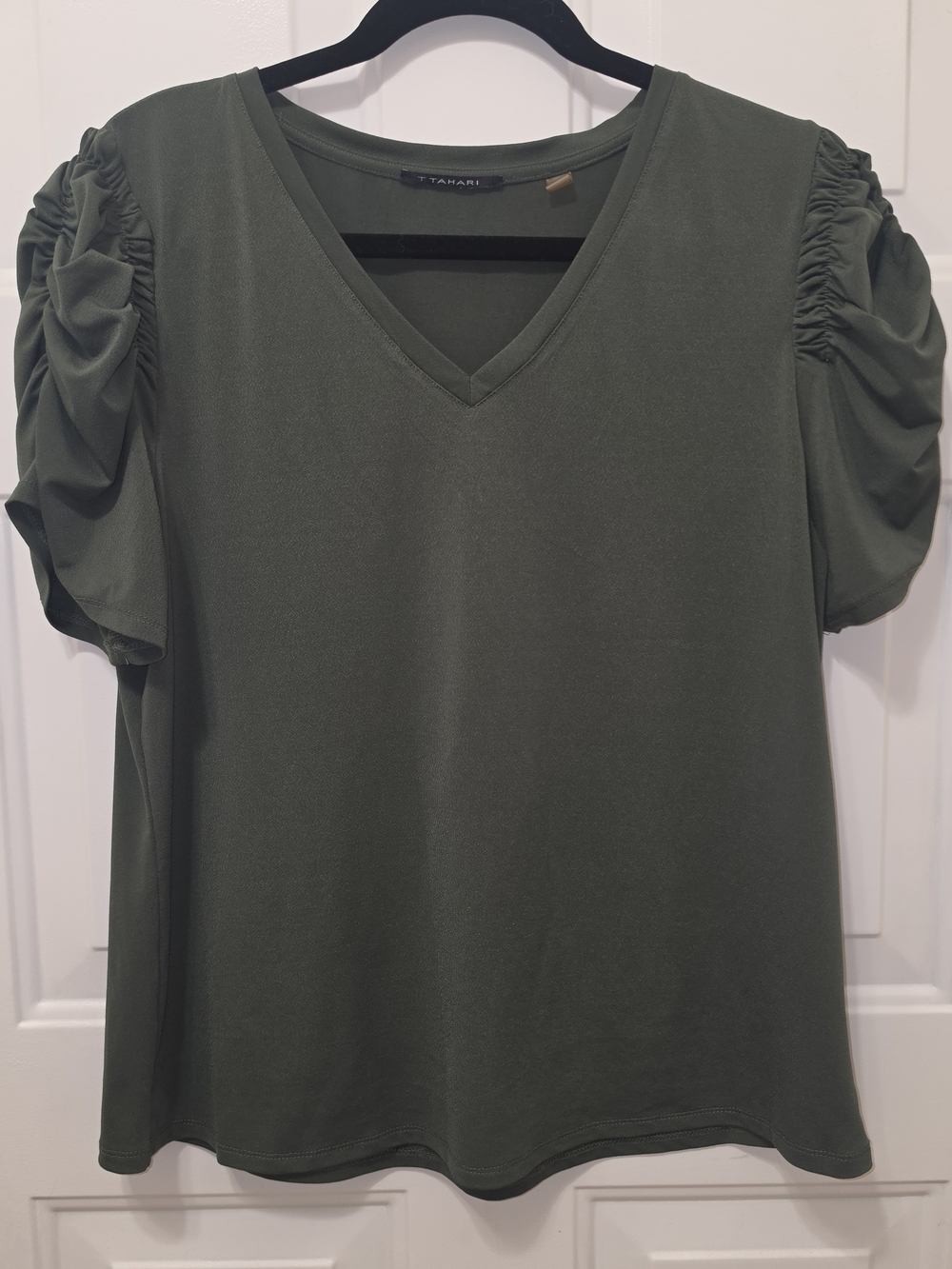 Tahari Olive Green V-Neck Ruched Sleeve Women’s Top